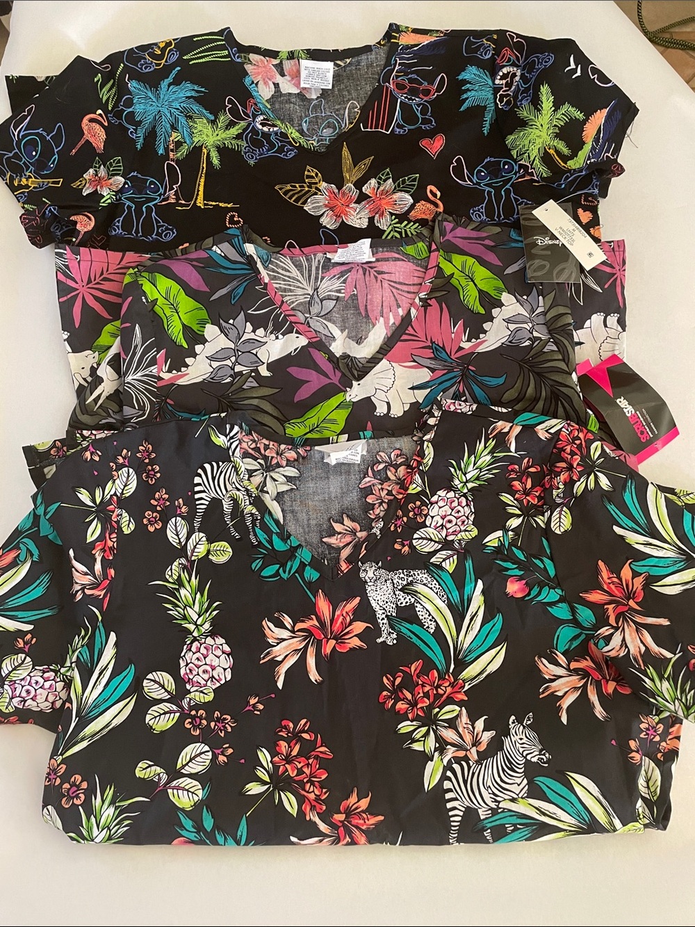 Disney Black Floral Tropical V‑Neck Top with Multicolor Prints